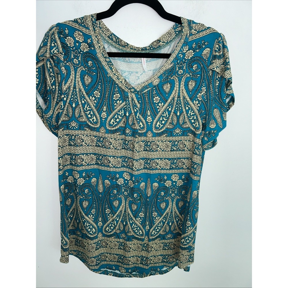 Bestbee Women's Large Teal Blue Paisley Short Sleeve Lightweight V/Neck Top